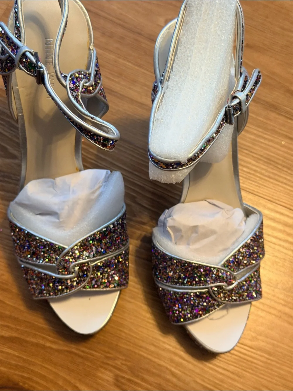 Nine West Multicolor Glitter Strappy Block Heel Sandals